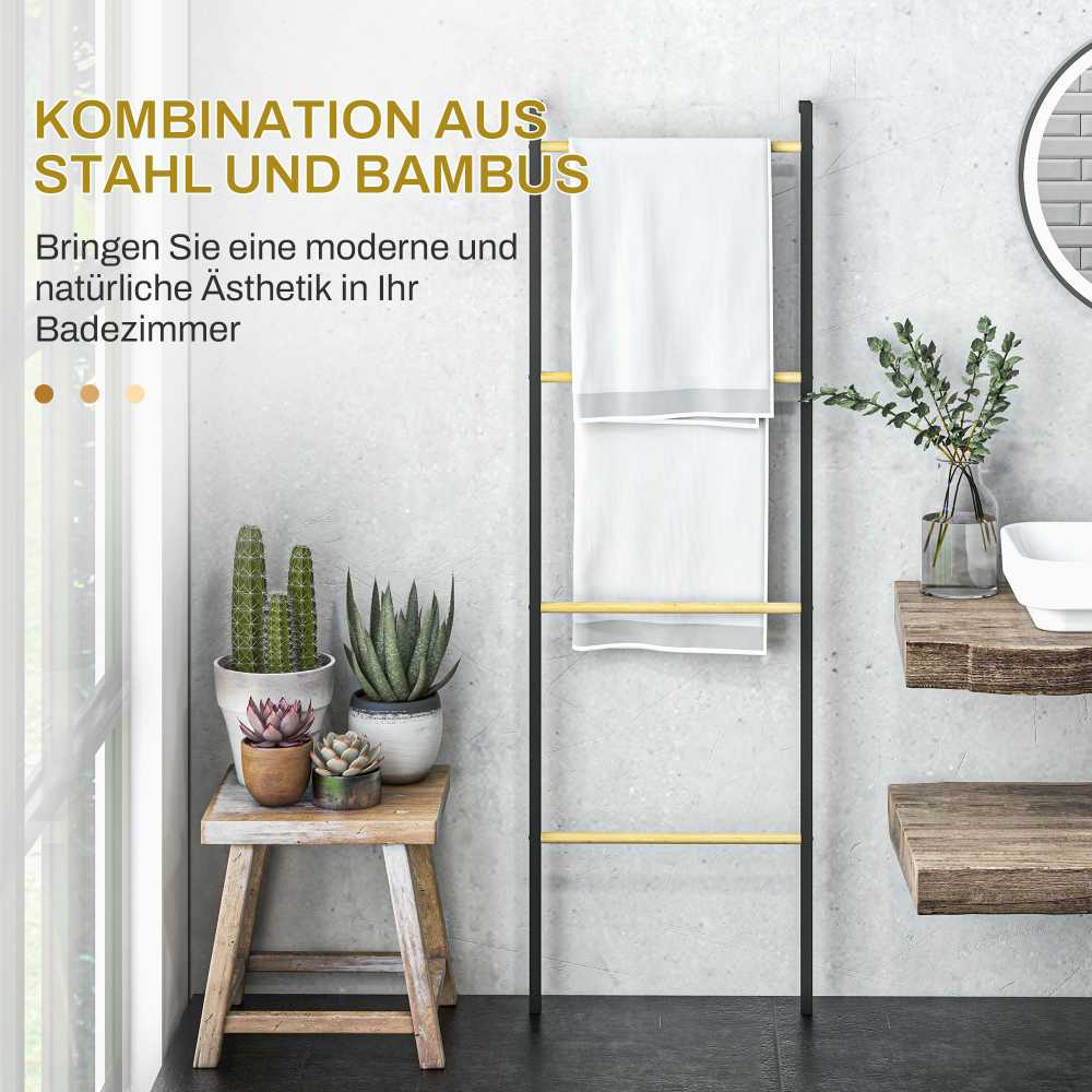 Homcom Rankšluosčių kopėčios 49 x 167,5 cm Rankšluosčių laikiklis su 4 strypais, taupantis vietą, skirtas rankšluosčiams, drabužiams, antklodėms, laikraščiams, plienas, juodas