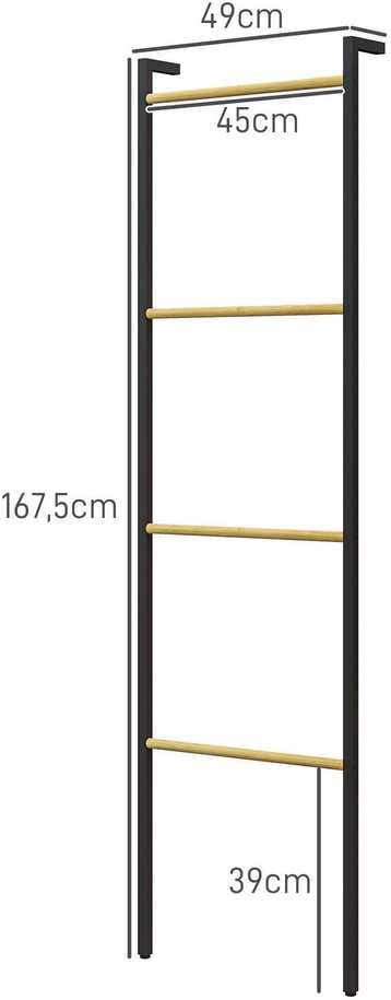 Homcom Rankšluosčių kopėčios 49 x 167,5 cm Rankšluosčių laikiklis su 4 strypais, taupantis vietą, skirtas rankšluosčiams, drabužiams, antklodėms, laikraščiams, plienas, juodas