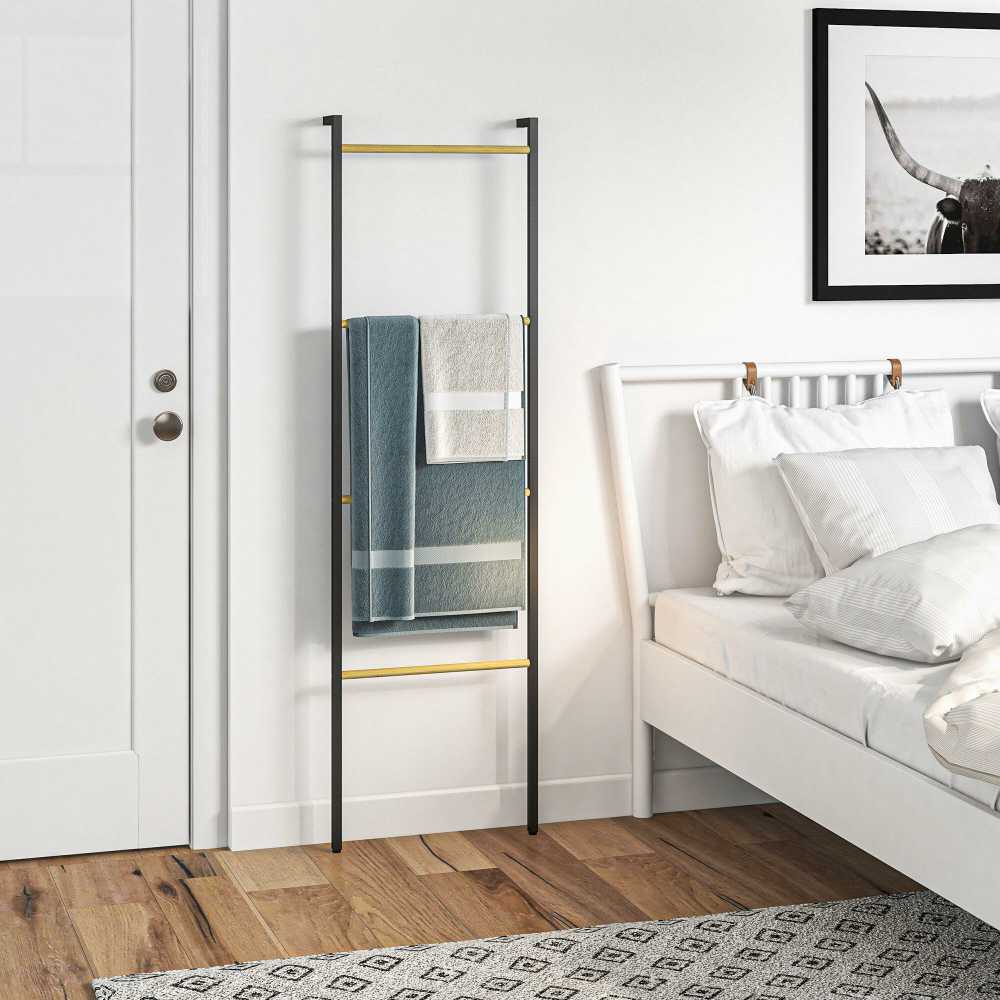 Homcom Rankšluosčių kopėčios 49 x 167,5 cm Rankšluosčių laikiklis su 4 strypais, taupantis vietą, skirtas rankšluosčiams, drabužiams, antklodėms, laikraščiams, plienas, juodas