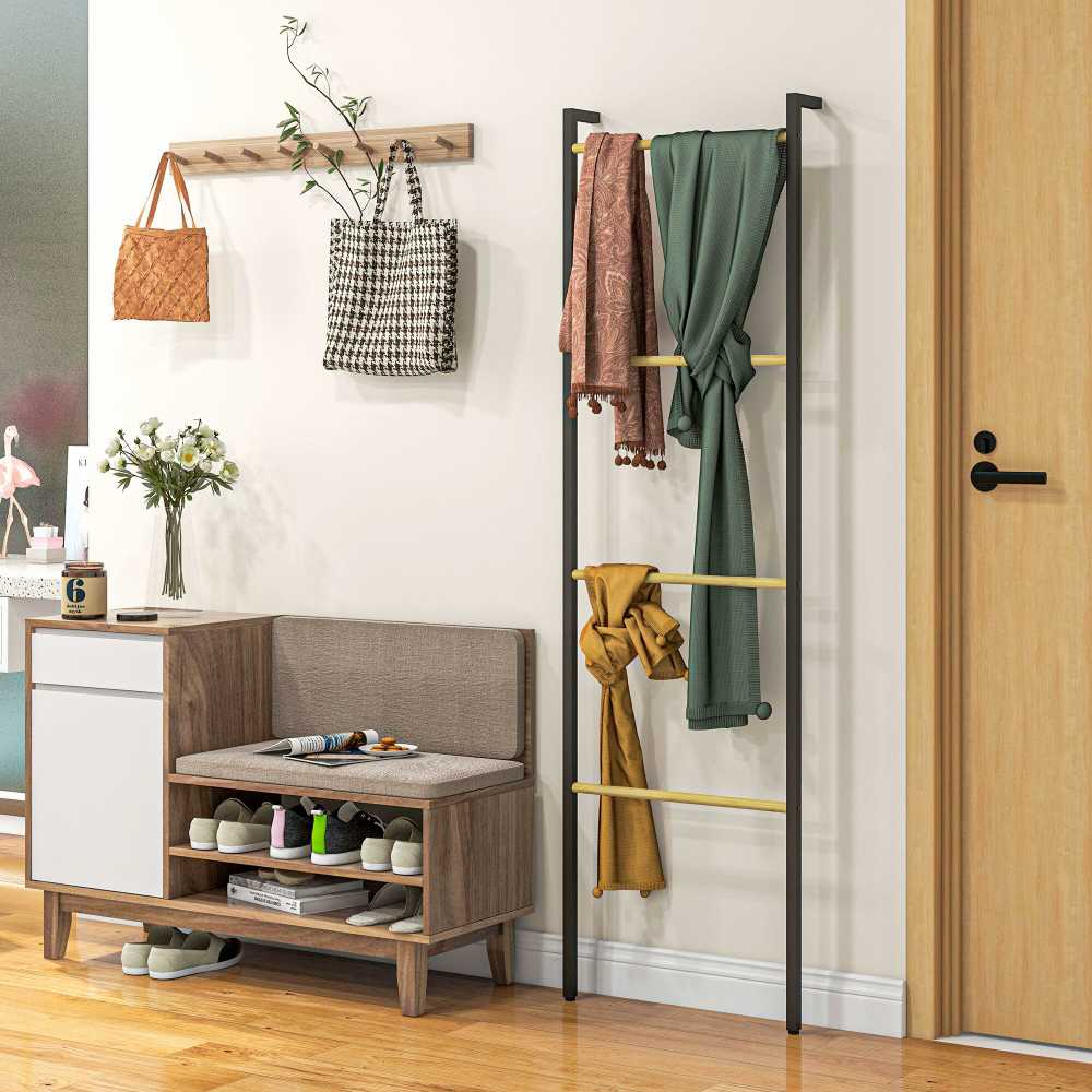 Homcom Rankšluosčių kopėčios 49 x 167,5 cm Rankšluosčių laikiklis su 4 strypais, taupantis vietą, skirtas rankšluosčiams, drabužiams, antklodėms, laikraščiams, plienas, juodas