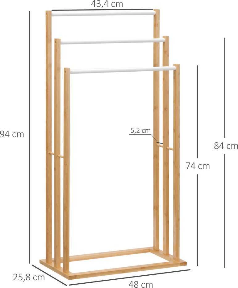 HOMCOM rankšluosčių laikiklis, pastatomas, 3 strypai, bambukas, natūralus, 48x25,8x94 cm