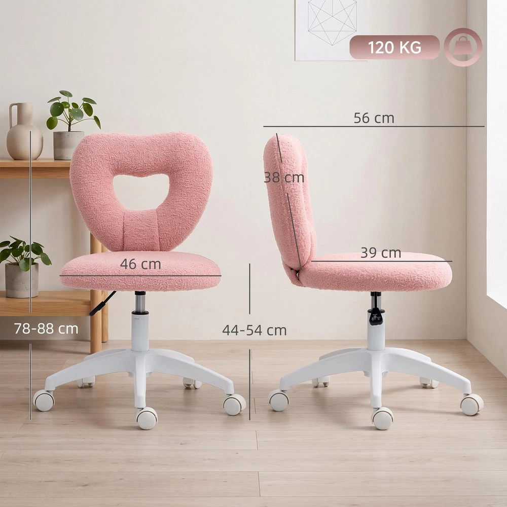 HOMCOM rašomojo stalo kėdė, biuro kėdė, besisukanti, darbo kėdė su širdelės formos atlošu, be porankių, reguliuojamo aukščio, padengta „Teddy“ vilnos audiniu, tinka makiažo staliukui ar darbo kambariui, rožinė
