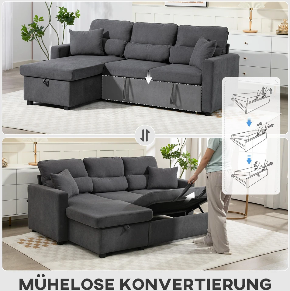 HOMCOM reguliuojama sofa-lova, L formos svečių sofa su miegamąja funkcija, daiktadėže, pagalvėlėmis, skirta svetainei, svečių kambariui, tamsiai pilka