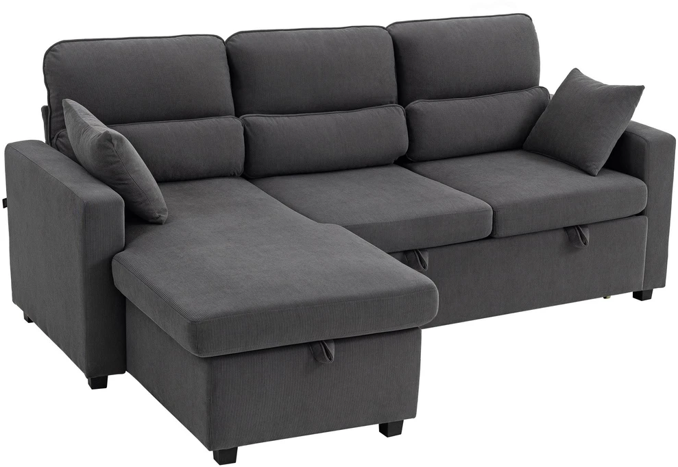 HOMCOM reguliuojama sofa-lova, L formos svečių sofa su miegamąja funkcija, daiktadėže, pagalvėlėmis, skirta svetainei, svečių kambariui, tamsiai pilka