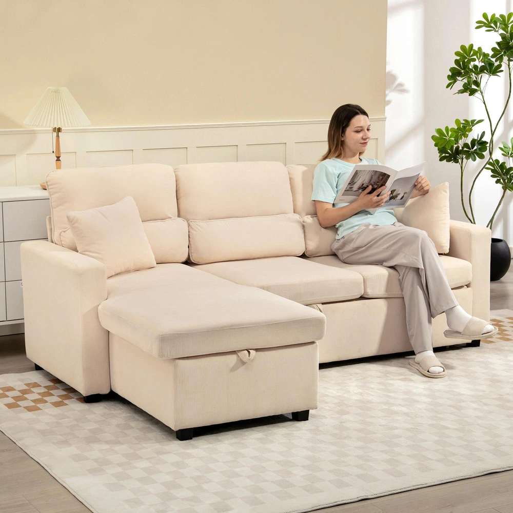 HOMCOM reguliuojama sofa-lova, L formos svečių sofa su miegama funkcija, daiktadėže, pagalvėmis, svetainei, svečių kambariui, smėlio spalvos