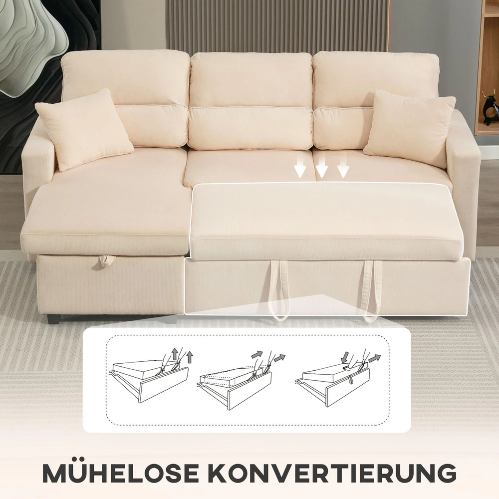 HOMCOM reguliuojama sofa-lova, L formos svečių sofa su miegama funkcija, daiktadėže, pagalvėmis, svetainei, svečių kambariui, smėlio spalvos