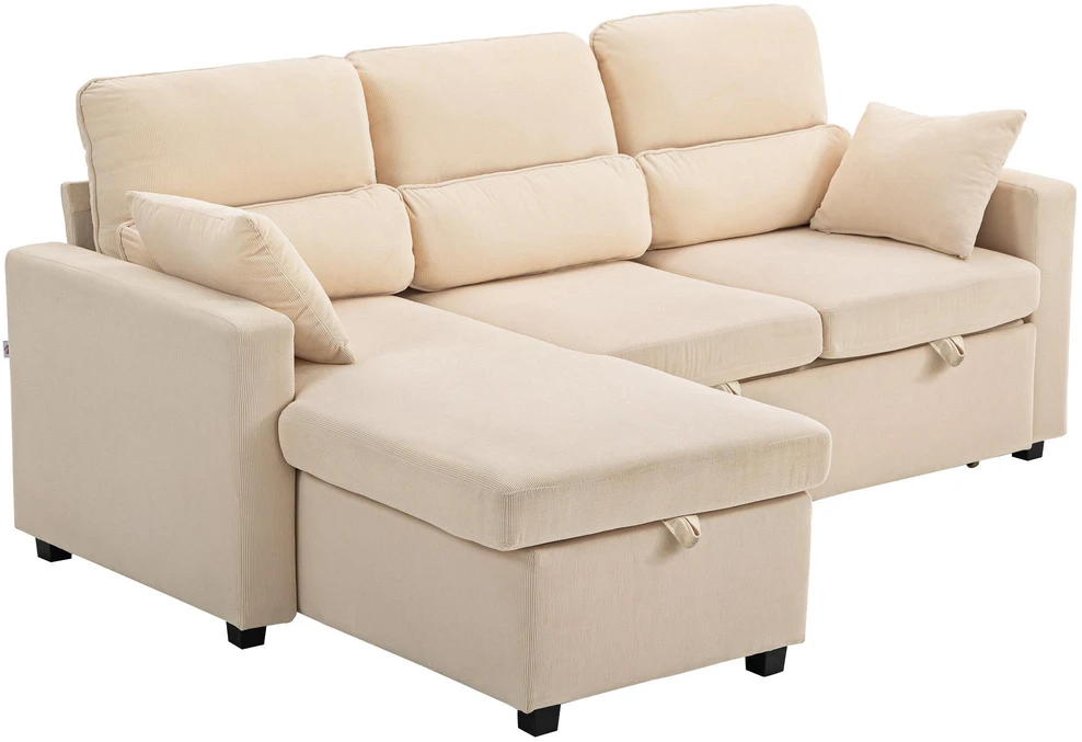 HOMCOM reguliuojama sofa-lova, L formos svečių sofa su miegama funkcija, daiktadėže, pagalvėmis, svetainei, svečių kambariui, smėlio spalvos