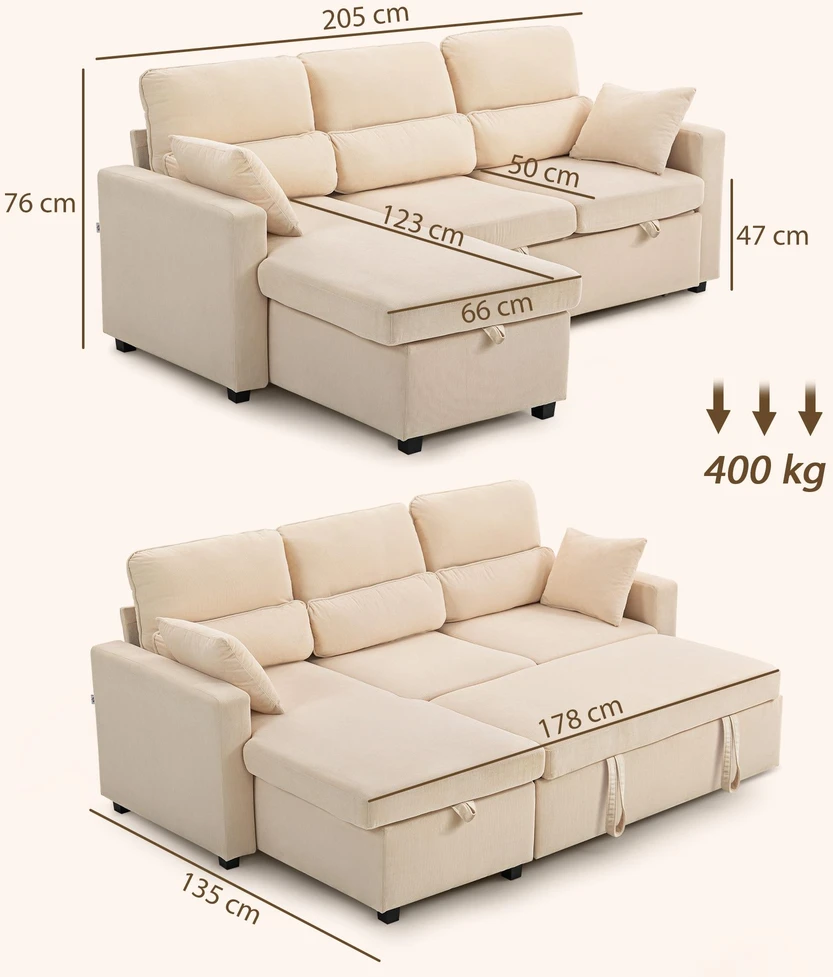HOMCOM reguliuojama sofa-lova, L formos svečių sofa su miegama funkcija, daiktadėže, pagalvėmis, svetainei, svečių kambariui, smėlio spalvos