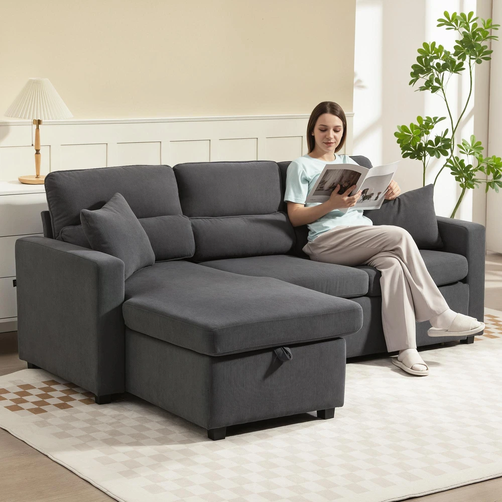 HOMCOM reguliuojama sofa-lova, L formos svečių sofa su miegamąja funkcija, daiktadėže, pagalvėlėmis, skirta svetainei, svečių kambariui, tamsiai pilka