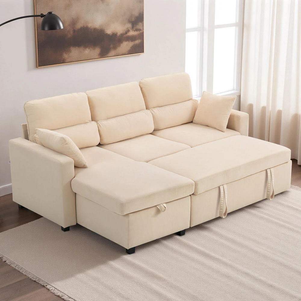 HOMCOM reguliuojama sofa-lova, L formos svečių sofa su miegama funkcija, daiktadėže, pagalvėmis, svetainei, svečių kambariui, smėlio spalvos