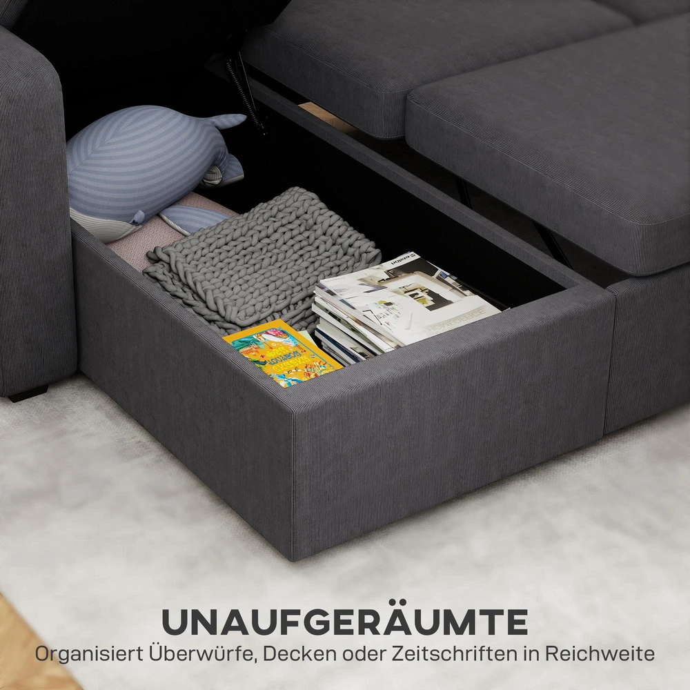 HOMCOM reguliuojama sofa-lova, L formos svečių sofa su miegamąja funkcija, daiktadėže, pagalvėlėmis, skirta svetainei, svečių kambariui, tamsiai pilka