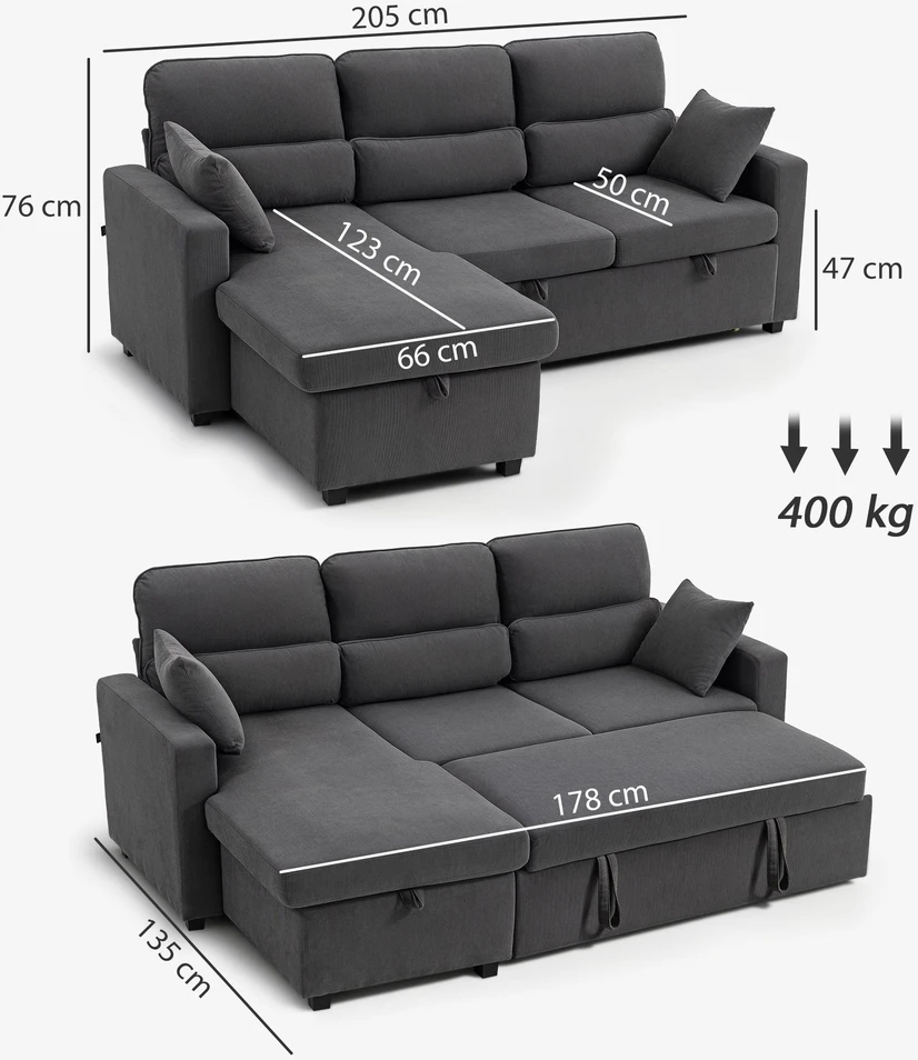 HOMCOM reguliuojama sofa-lova, L formos svečių sofa su miegamąja funkcija, daiktadėže, pagalvėlėmis, skirta svetainei, svečių kambariui, tamsiai pilka