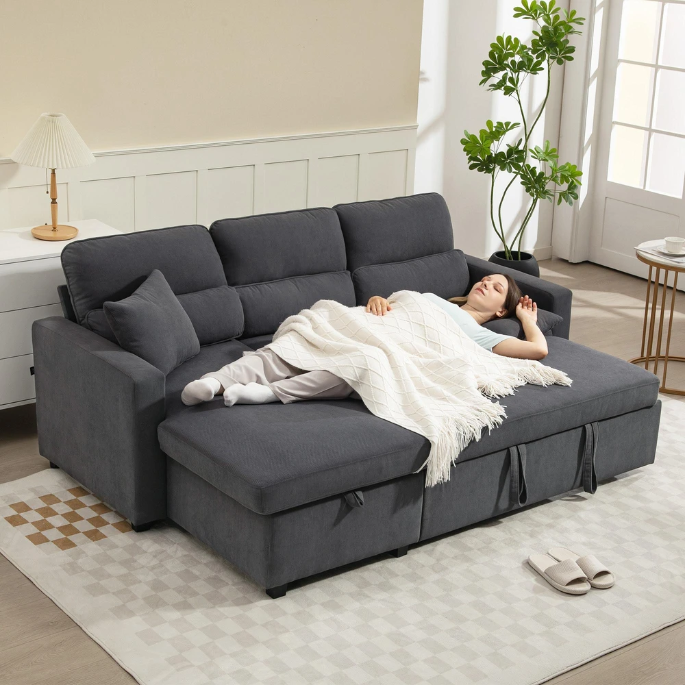 HOMCOM reguliuojama sofa-lova, L formos svečių sofa su miegamąja funkcija, daiktadėže, pagalvėlėmis, skirta svetainei, svečių kambariui, tamsiai pilka