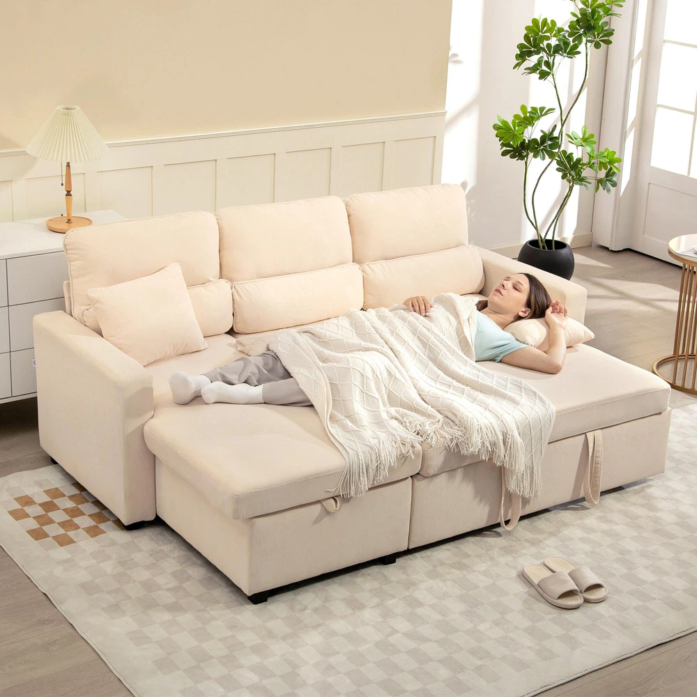 HOMCOM reguliuojama sofa-lova, L formos svečių sofa su miegama funkcija, daiktadėže, pagalvėmis, svetainei, svečių kambariui, smėlio spalvos