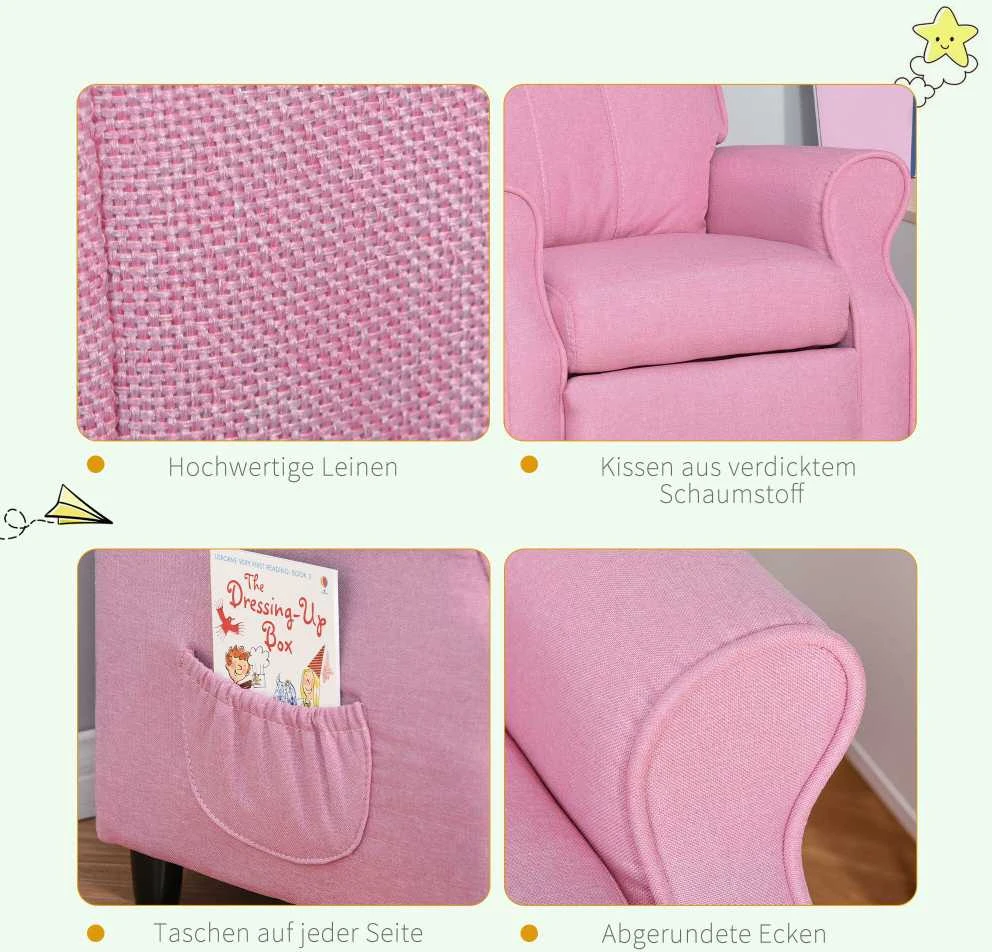 Reguliuojama vaikiška sofa HOMCOM su kojų atrama, patogus vaikiškas fotelis 3–5 metų vaikams, rožinė, 58x53x70 cm, puikiai tinka berniukams ir mergaitėms