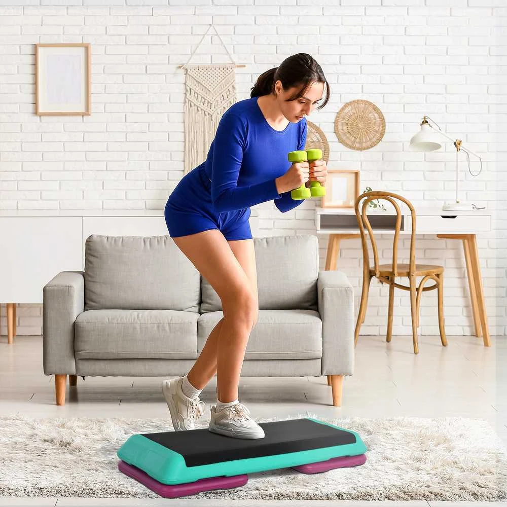 HOMCOM aerobikos ir fitneso treniruoklis stepo platforma, reguliuojamo aukščio 10 cm/15 cm/20 cm, PVC PP, juoda+žalia+violetinė, 110 x 40 x 20 cm
