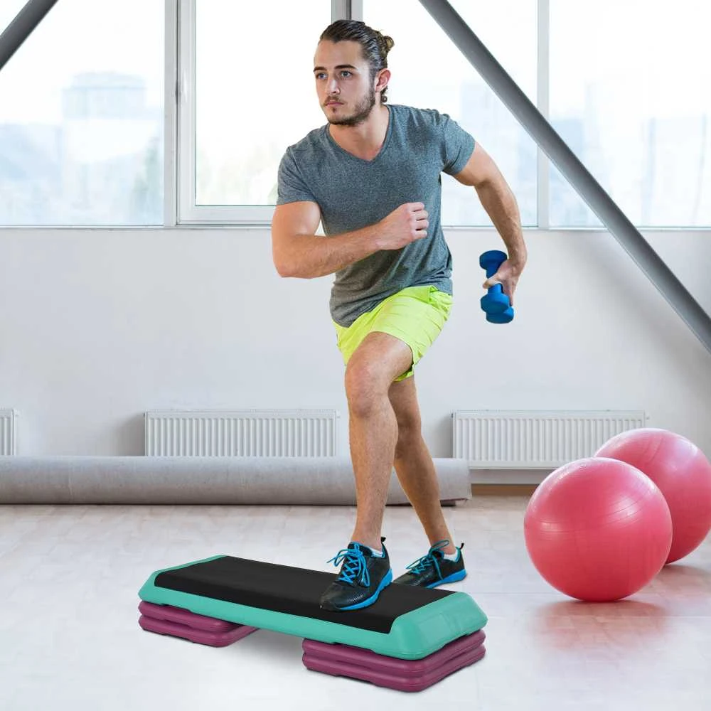 HOMCOM aerobikos ir fitneso treniruoklis stepo platforma, reguliuojamo aukščio 10 cm/15 cm/20 cm, PVC PP, juoda+žalia+violetinė, 110 x 40 x 20 cm