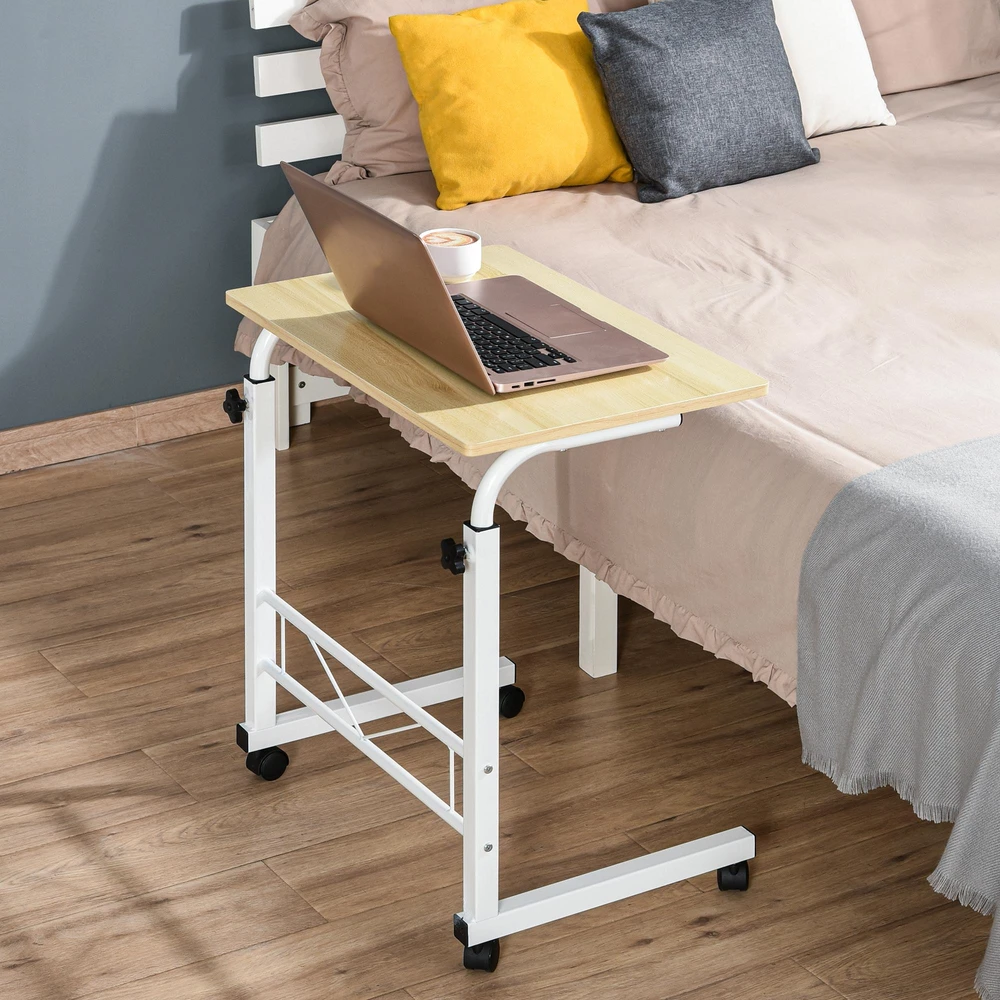 HOMCOM reguliuojamo aukščio pagalbinis staliukas, mobilus kavos staliukas, nešiojamasis stalelis su ratukais ir stabdžiais, C formos, medžio drožlių plokštė, plienas, įvairiaspalvis