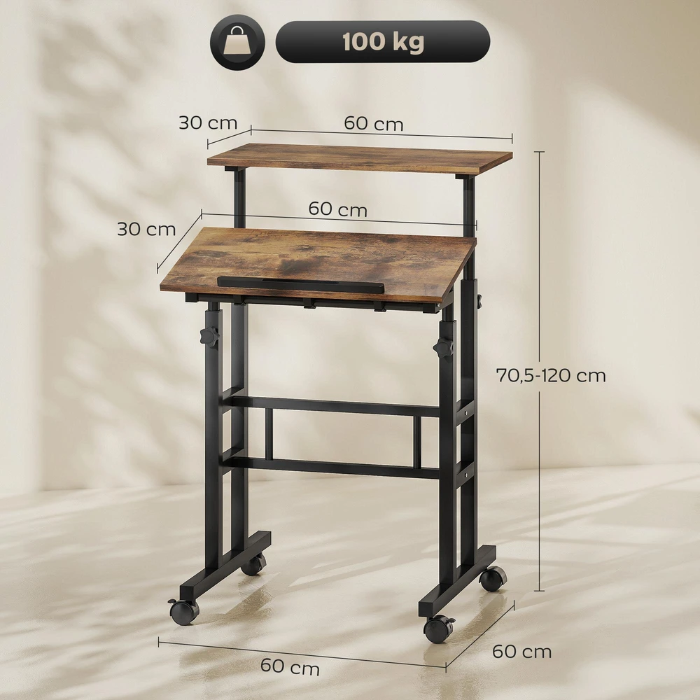 HOMCOM reguliuojamo aukščio rašomasis stalas su lentyna, ratukais, rustic rudos spalvos, 60 x 60 x 70,5–120 cm