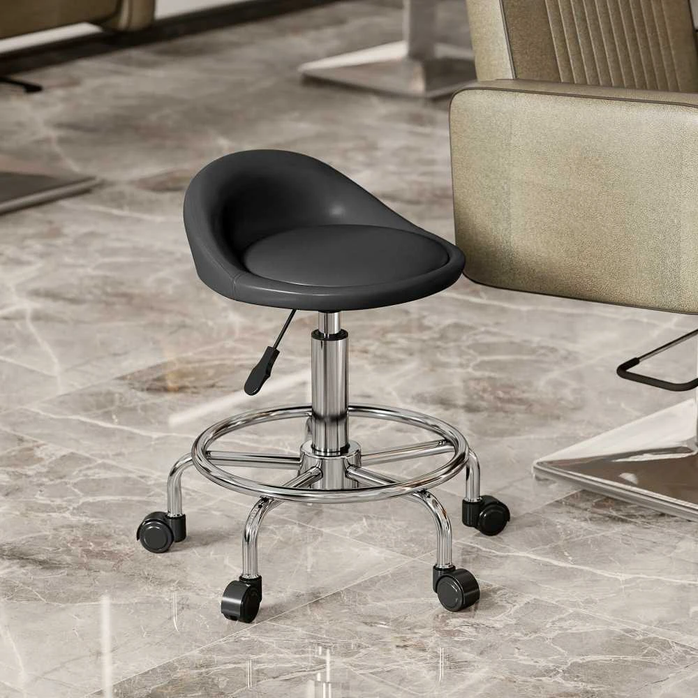Reguliuojamo aukščio kėdė su ratukais HOMCOM, su atlošu, besisukanti 360°, 59-75 cm, darbo kėdė, biuro kėdė biurui, salonui, masažui, SPA, juoda