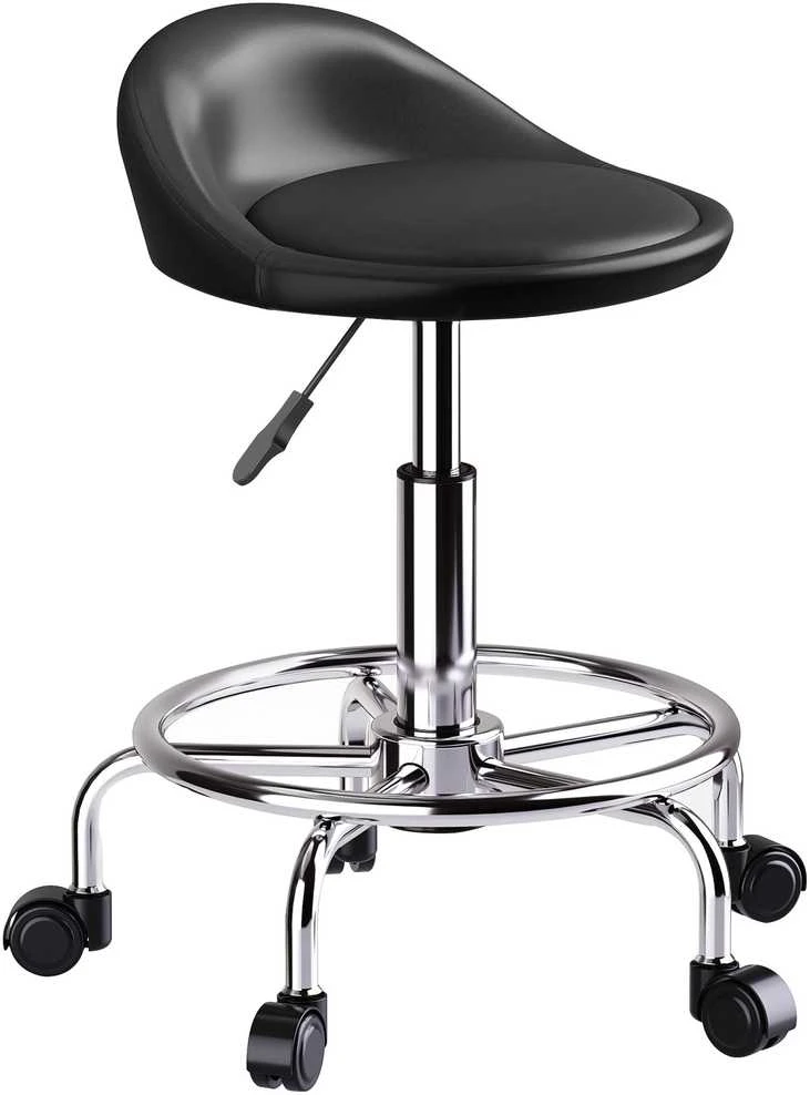 Reguliuojamo aukščio kėdė su ratukais HOMCOM, su atlošu, besisukanti 360°, 59-75 cm, darbo kėdė, biuro kėdė biurui, salonui, masažui, SPA, juoda
