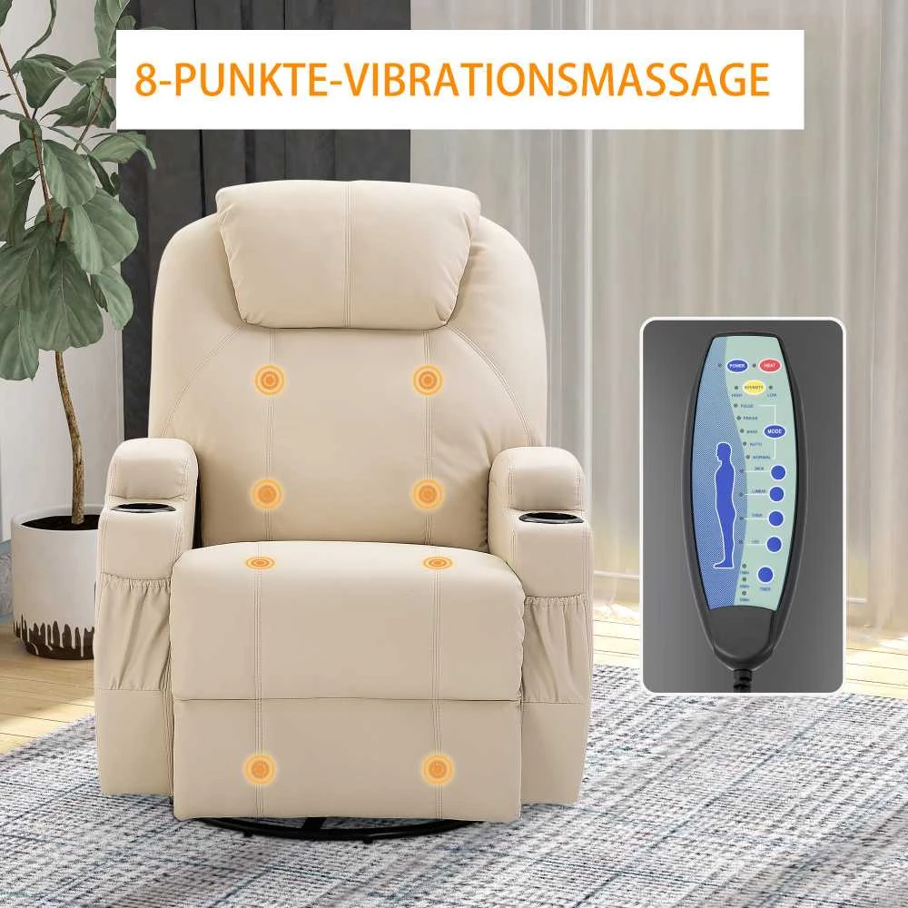 "HOMCOM Relax" fotelis su atlošimo funkcija, elektrinis masažinis fotelis, 5 masažo režimai, odos imitacija, kreminės baltos spalvos, 84x92x109cm