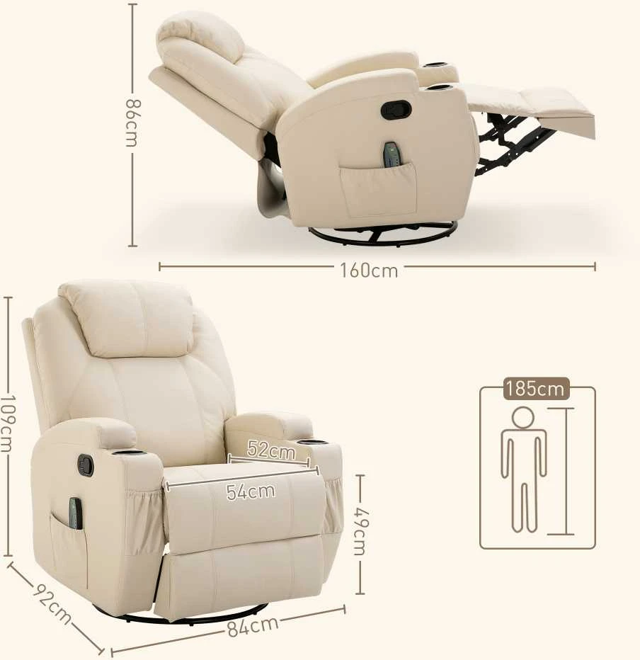 "HOMCOM Relax" fotelis su atlošimo funkcija, elektrinis masažinis fotelis, 5 masažo režimai, odos imitacija, kreminės baltos spalvos, 84x92x109cm