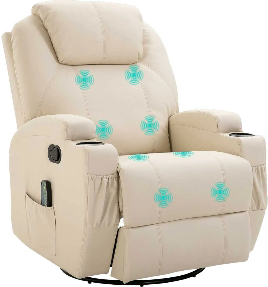 "HOMCOM Relax" fotelis su atlošimo funkcija, elektrinis masažinis fotelis, 5 masažo režimai, odos imitacija, kreminės baltos spalvos, 84x92x109cm