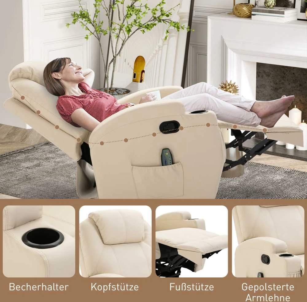 "HOMCOM Relax" fotelis su atlošimo funkcija, elektrinis masažinis fotelis, 5 masažo režimai, odos imitacija, kreminės baltos spalvos, 84x92x109cm