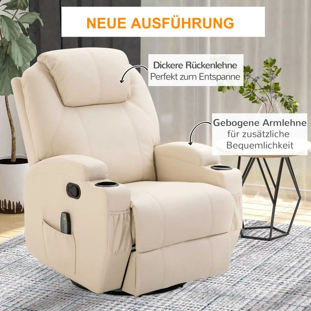 "HOMCOM Relax" fotelis su atlošimo funkcija, elektrinis masažinis fotelis, 5 masažo režimai, odos imitacija, kreminės baltos spalvos, 84x92x109cm