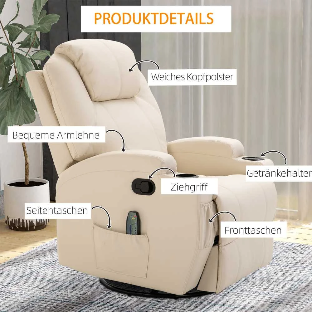"HOMCOM Relax" fotelis su atlošimo funkcija, elektrinis masažinis fotelis, 5 masažo režimai, odos imitacija, kreminės baltos spalvos, 84x92x109cm