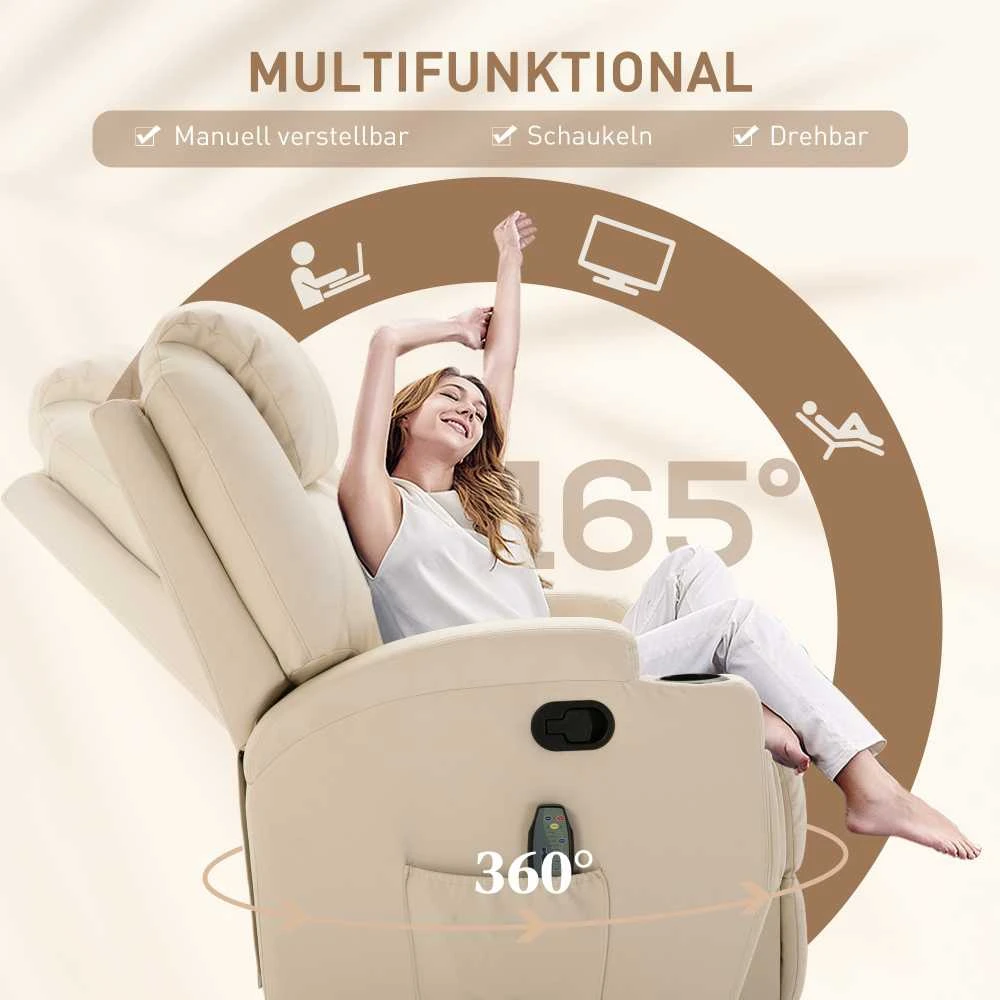 "HOMCOM Relax" fotelis su atlošimo funkcija, elektrinis masažinis fotelis, 5 masažo režimai, odos imitacija, kreminės baltos spalvos, 84x92x109cm