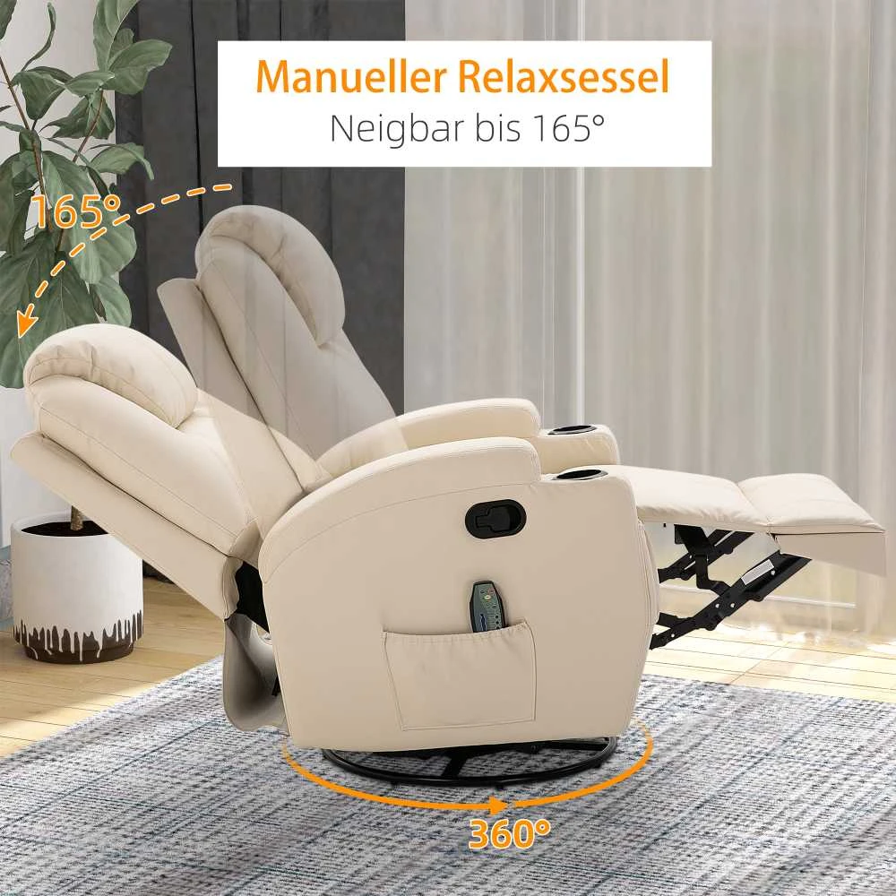 "HOMCOM Relax" fotelis su atlošimo funkcija, elektrinis masažinis fotelis, 5 masažo režimai, odos imitacija, kreminės baltos spalvos, 84x92x109cm