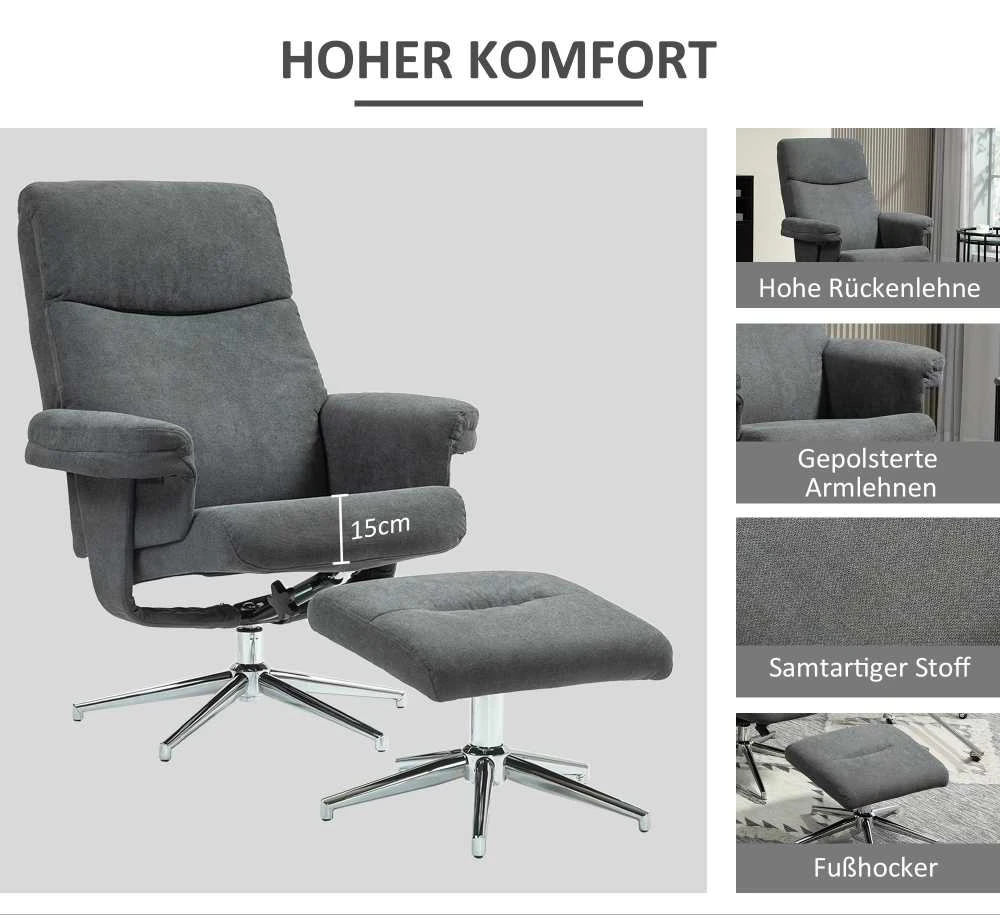 Fotelis HOMCOM poilsio kėdė su pakoja, paminkštinta TV kėdė su atlošimo funkcija, aksominės išvaizdos kėdė, atlaikanti iki 150 kg, svetainei, miegamajam, tamsiai pilka