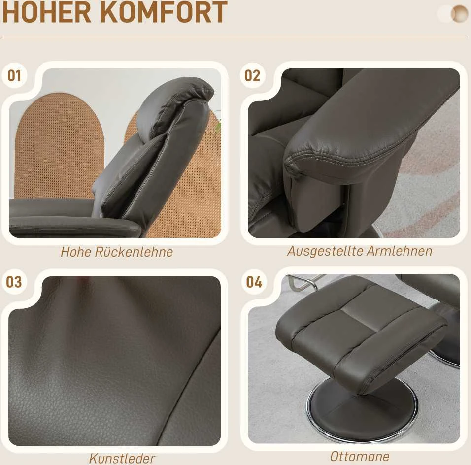 „HOMCOM“ masažinis krėslas su pakoja, televizoriaus fotelis su atlošimo ir supimosi funkcija, aukštu atlošu svetainei ar miegamajam, dirbtinė oda, pilkas
