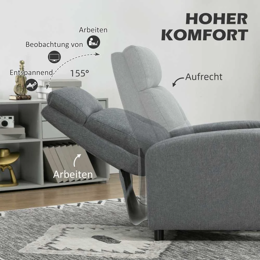 HOMCOM poilsio krėslas, fotelis su atlošimo funkcija, TV krėslas su lino imitacija, paminkštintas krėslas su kišeninėmis spyruoklėmis, atlaiko iki 150 kg, pilkas