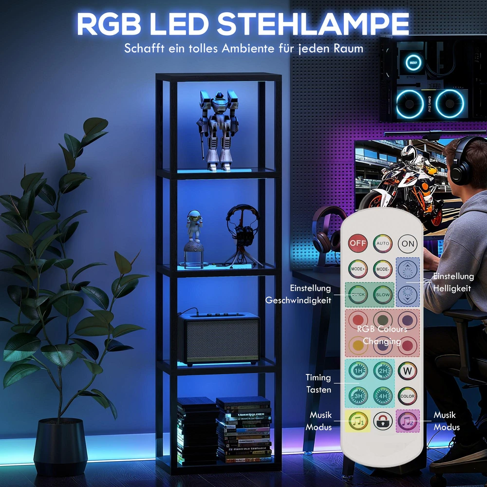 HOMCOM RGB pastatoma lempa su stiklinėmis lentynomis, 4 lygių LED toršeras su nuotolinio valdymo pulteliu, muzikos sinchronizavimas, juoda