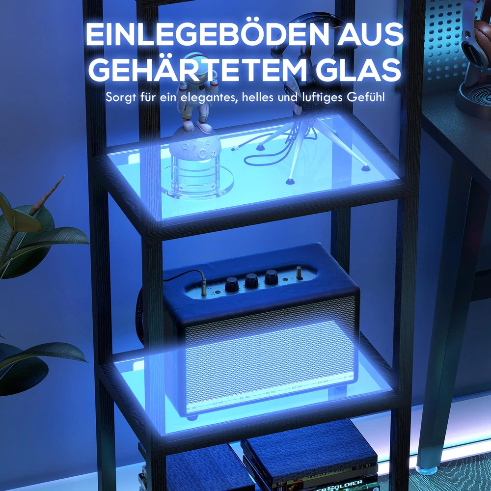 HOMCOM RGB pastatoma lempa su stiklinėmis lentynomis, 4 lygių LED toršeras su nuotolinio valdymo pulteliu, muzikos sinchronizavimas, juoda