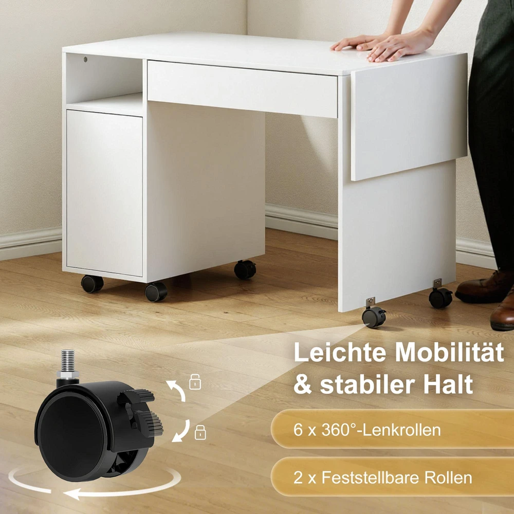 HOMCOM mobilus kompiuterio stalas, sulankstomas rašomasis stalas su spintele ir stalčiumi, medžio drožlių plokštė, baltas