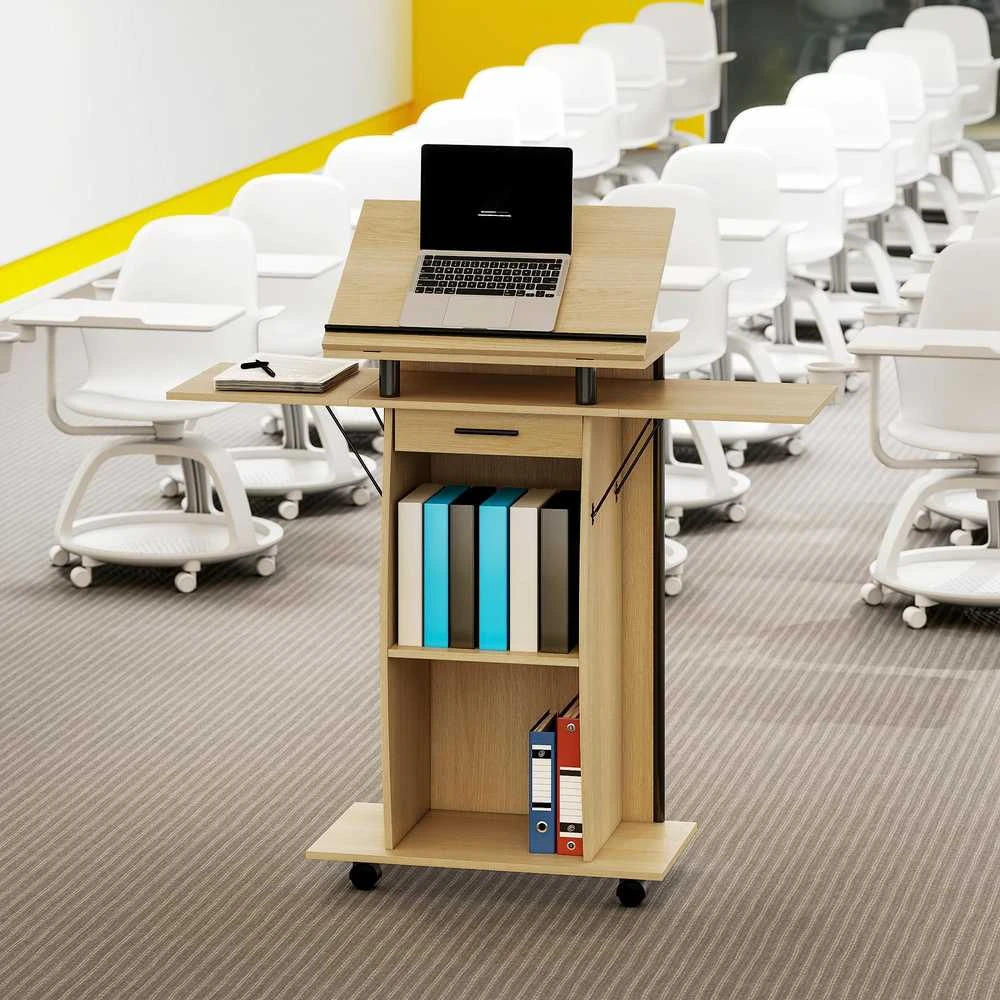 HOMCOM mobilus podiumo stovas, tribūna su atlenkiamais šoniniais sparnais, nešiojamojo kompiuterio stalas su stalčiumi ir lentynomis, ąžuolo spalvos