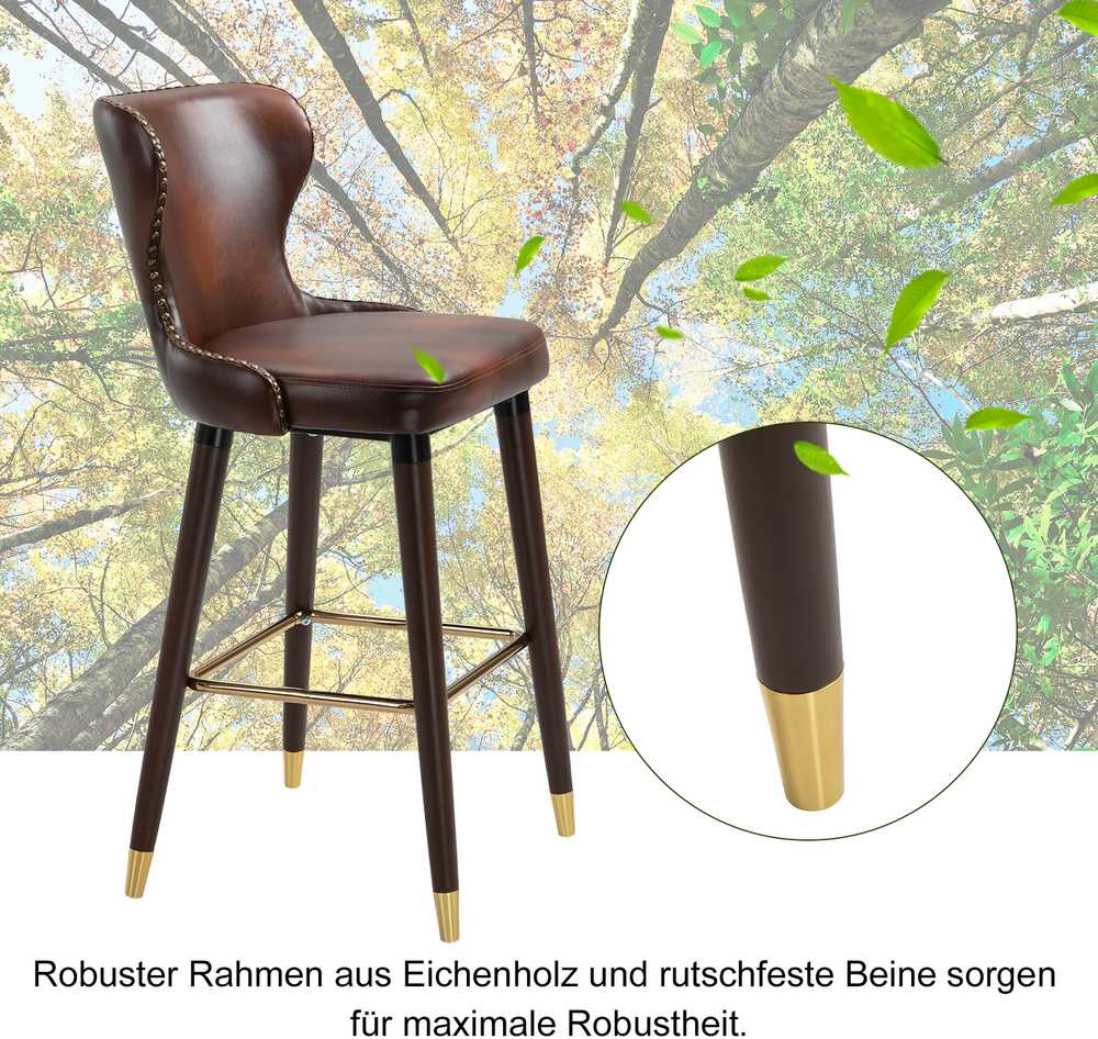 HOMCOM baro kėdžių rinkinys, 2 vnt., elegantiška baro kėdė su kojų atrama ir atlošu, bistro kėdė, valgomojo kėdė, PU oda, ruda, 52x53x101 cm