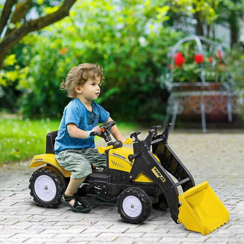 HOMCOM sėdimas ekskavatorius, vaikiškas traktorius su kaušu 3 metų vaikams, paspiriamas automobilis, 114x41x54 cm