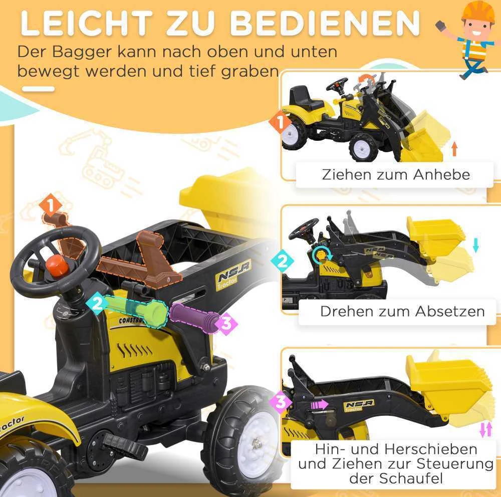 HOMCOM sėdimas ekskavatorius, vaikiškas traktorius su kaušu 3 metų vaikams, paspiriamas automobilis, 114x41x54 cm