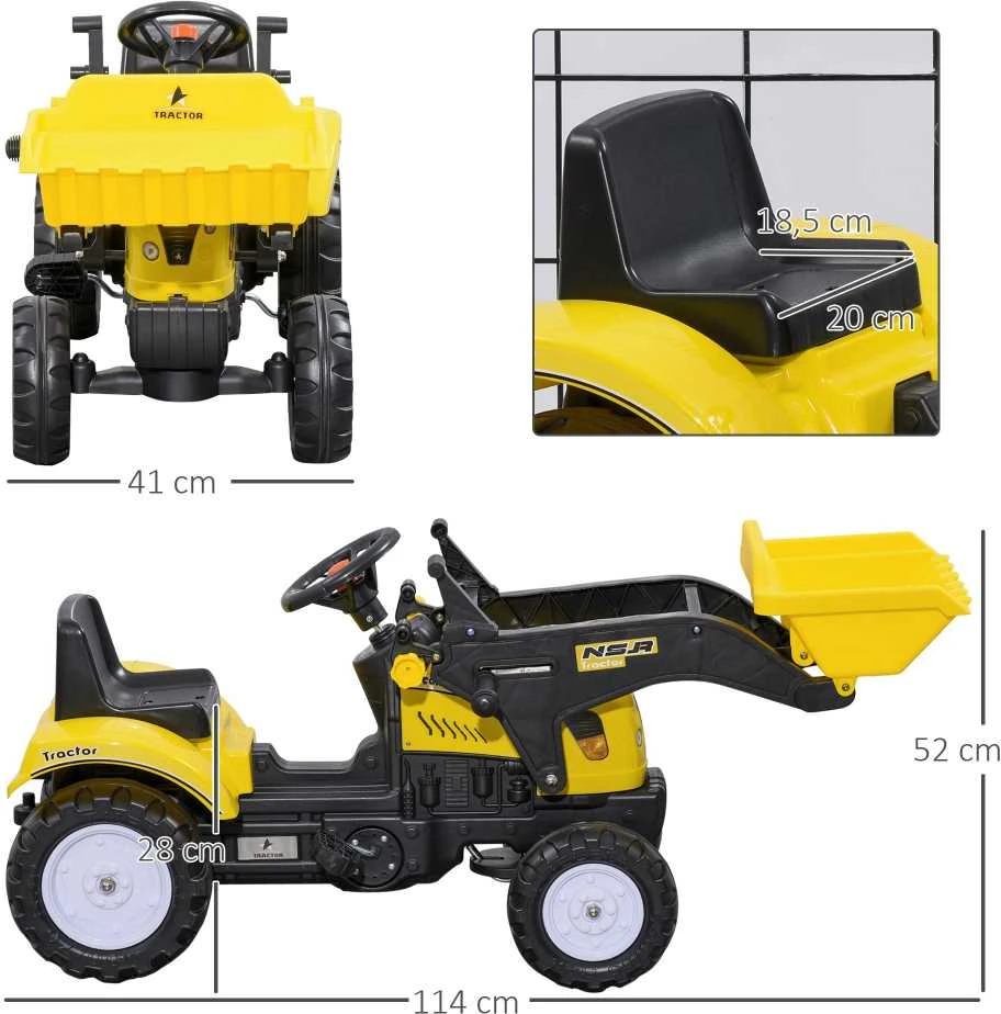 HOMCOM sėdimas ekskavatorius, vaikiškas traktorius su kaušu 3 metų vaikams, paspiriamas automobilis, 114x41x54 cm