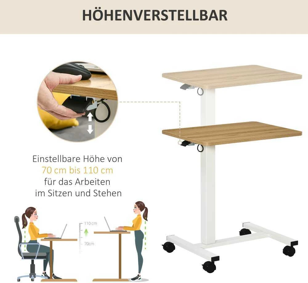 Reguliuojamo aukščio sėdimas ir stovimas stalas HOMCOM su ratukais, C formos, taupantis vietą, nešiojamojo kompiuterio stalas, natūralus + baltas, 70-110 cm, iki 70 kg