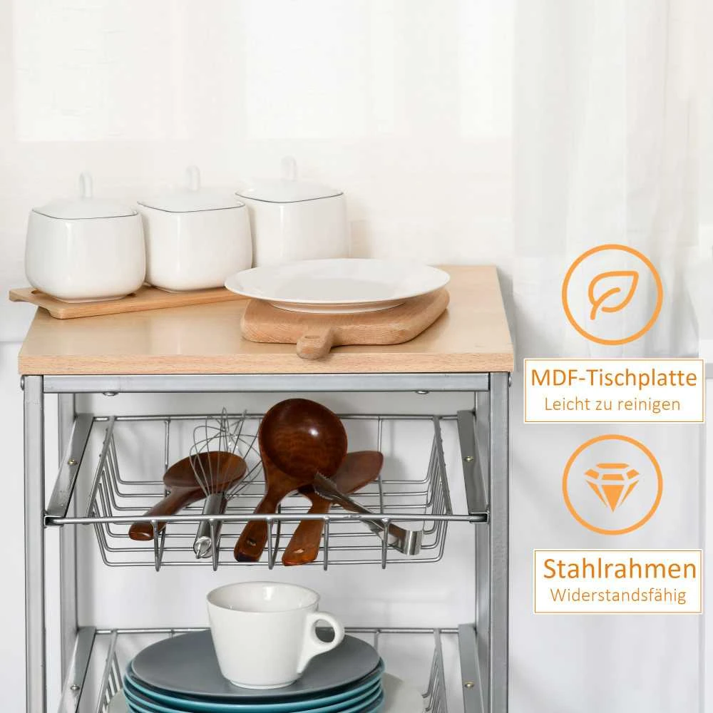 HOMCOM serviravimo vežimėlis virtuvinis vežimėlis su metaliniais krepšiais 36,5 x 36,5 x 89 cm virtuvės vežimėlis pagalbinis vežimėlis sidabrinės spalvos virtuvei ir valgomajam