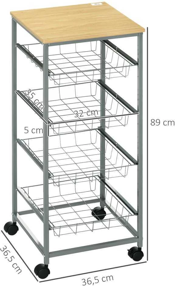 HOMCOM serviravimo vežimėlis virtuvinis vežimėlis su metaliniais krepšiais 36,5 x 36,5 x 89 cm virtuvės vežimėlis pagalbinis vežimėlis sidabrinės spalvos virtuvei ir valgomajam