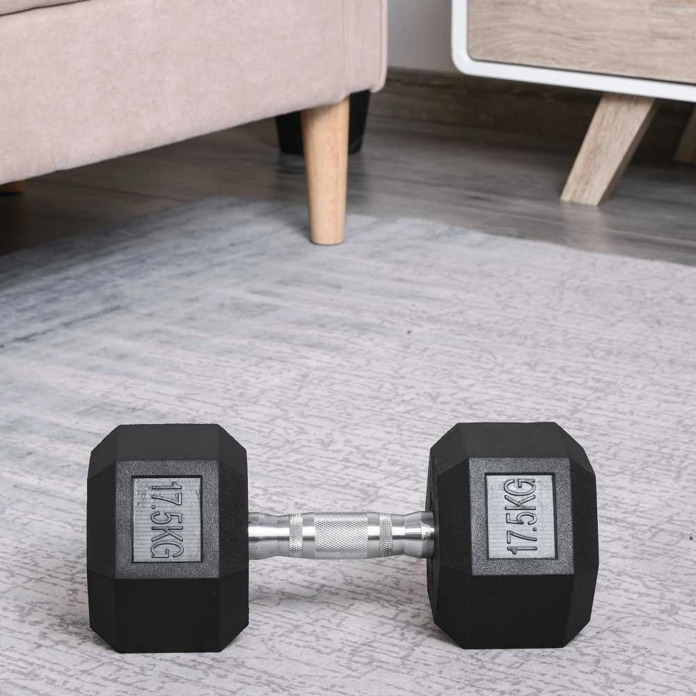HOMCOM šešiakampiai gumuoti hanteliai 17,5kg, ketaus, jėgos treniruotėms, juodi