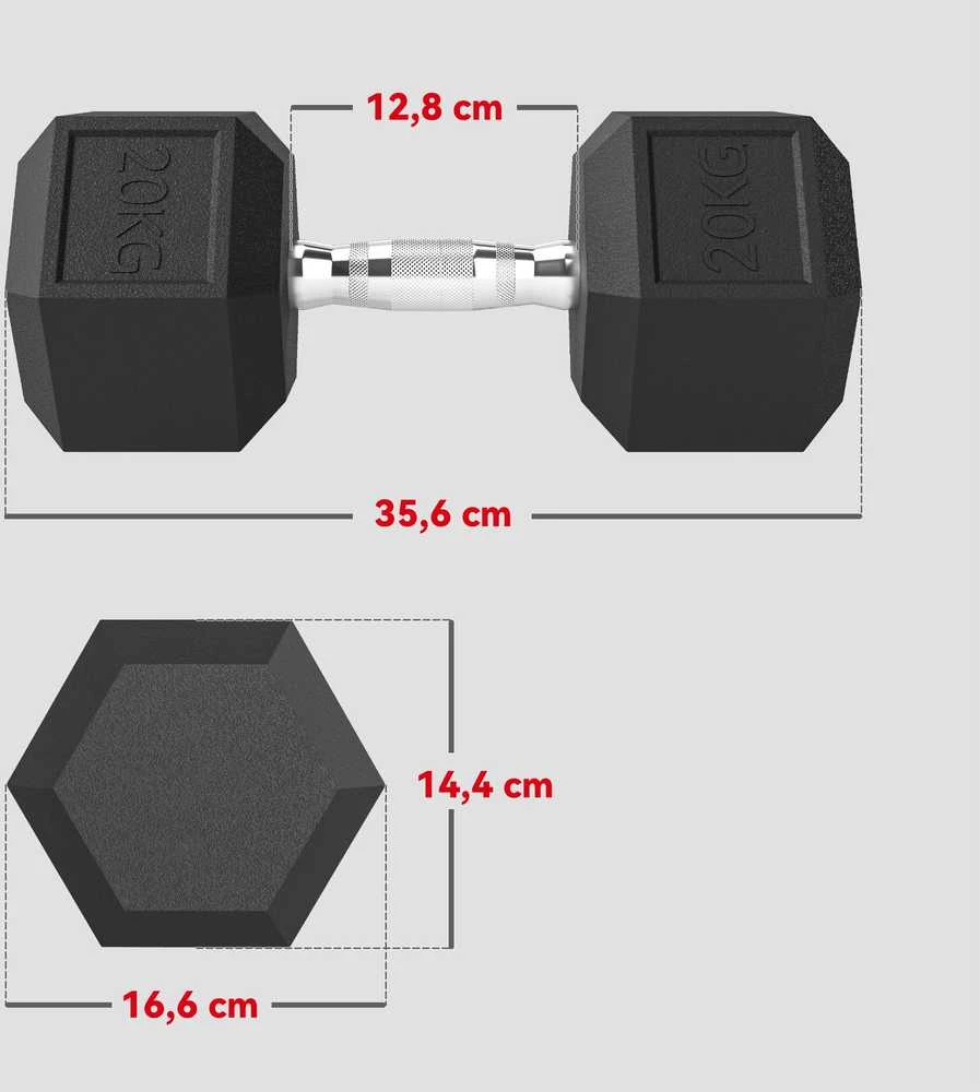 HOMCOM šešiakampis hantelis, 20 kg, ketaus su gumine danga, juodas