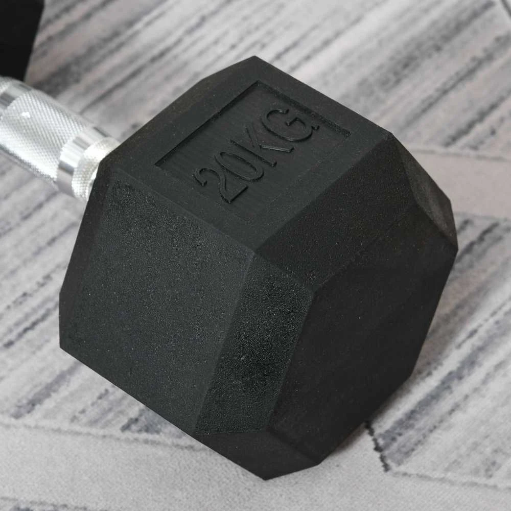 HOMCOM šešiakampis hantelis, 20 kg, ketaus su gumine danga, juodas